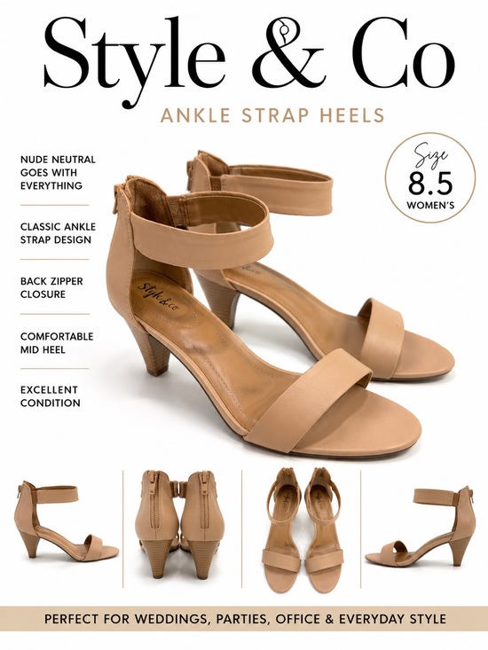 Style & Co. Shoes - Style & Co Nude Ankle Strap Heels Women’s Size 8.5 Open Toe Dress Sandals